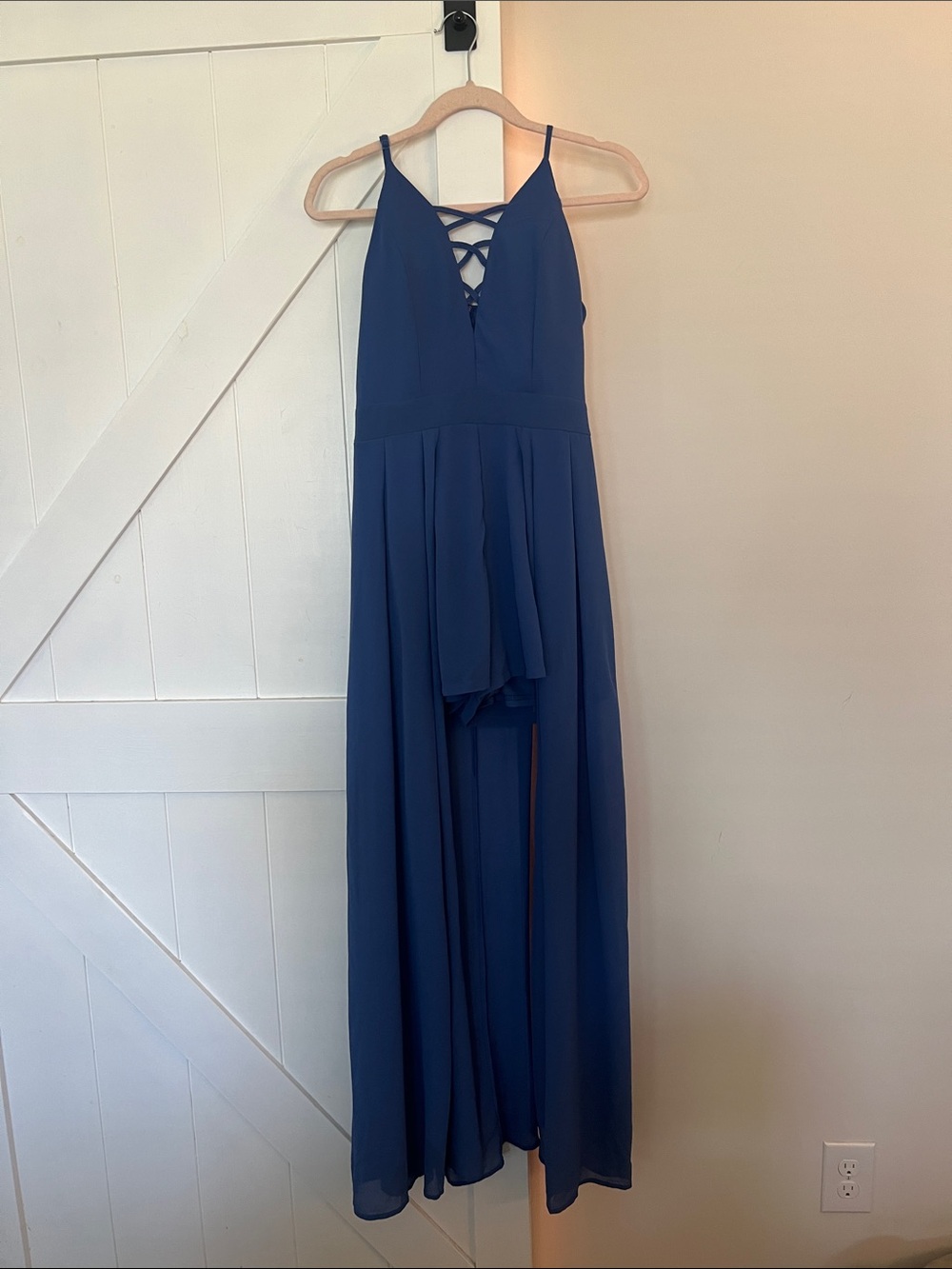 She + Sky Navy Blue High-Low Spaghetti Strap Dress/Romper